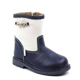 Cizme captusite pentru copii , din piele naturala , cu decor floral 3241-BLEUMARIN/ALB, Culoare (12): Alb, Bleumarin, Marime (12): 24 - - Roveli