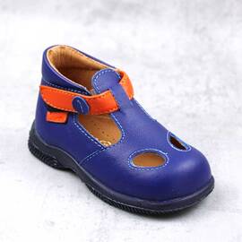​Pantofi  pentru copii , decupati , din piele naturala PRIMII PASI   3208-ALBASTRU/PORTOCALIU1, Culoare (12): Albastru, Portocaliu, Marime (12): 20 - - Roveli