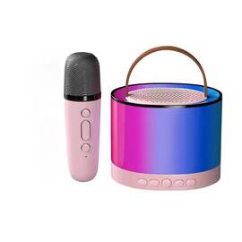 Mini aparat de karaoke portabil cu un microfon wireless si difuzor LED : Culoare - roz, Culoare (tm): roz - - Roveli