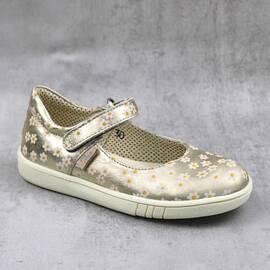 Balerini usori , pentru copii , din piele naturala , cu imprimeu floral  1796-BEJ/MULTICOLOR3, Culoare (12): Auriu, Bej, Marime (12): 34 - - Roveli