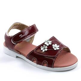 Sandale din piele naturala , lacuita , pentru fetite , decorate cu flori  1833F-ROSU, Culoare (12): Bordo, Marime (12): 35 - - Roveli