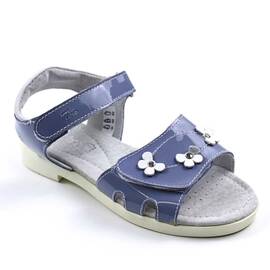 Sandale din piele naturala , lacuita , pentru fetite , decorate cu flori  1833F-BLEU/BLEU, Culoare (12): Alb, Bleu, Marime (12): 33 - - Roveli