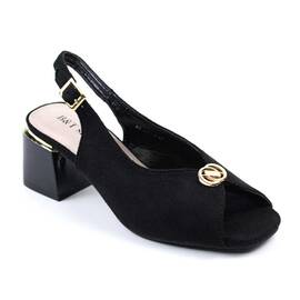 ​Sandale elegante de dama , cu toc mediu , patrat si accesoriu auriu SS-LE108-BLACK, Culoare (12): Negru, Marime (12): 35 - - Roveli