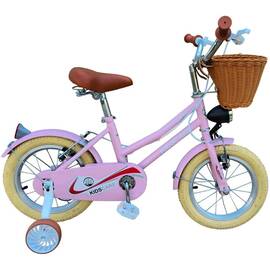 Bicicleta copii 3-6 ani HappyGirl KidsCare roz 14 inch – cu roti ajutatoare, frane de mana, cosulet, pentru fete - - Roveli