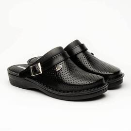 Saboti medicali, de dama, din piele, cu bareta, Leon V202, negru - - Roveli