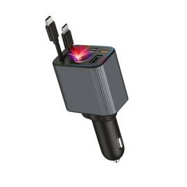 Adaptor bricheta 12V-5V/2.4 QC/PD, incarcator auto cu cabluri retractabile si voltmetru : Culoare - gri, Culoare (tm): gri - - Roveli