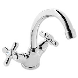 Baterie baie pentru lavoar, material alama, montaj stativ, dubla comanda, racord flexibil, sistem de fixare, finisaj cromat - - Roveli