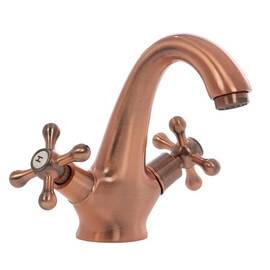 Baterie baie pentru lavoar DacEnergy©, material alama, pipa putin curbata, inaltimea 16 cm, manerele tip stea, montaj stativ, dubla comanda, finisaj cupru - - Roveli