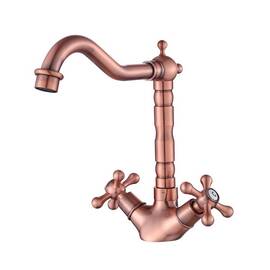 Baterie baie pentru lavoar DacEnergy©, material alama, pipa curbata si inalta, doua manere tip stea, inaltimea 24.2 cm, montaj stativ, finisaj cupru - - Roveli