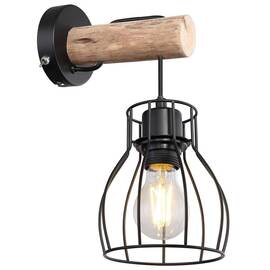 Aplica de perete Globo, structura din metal si lemn natur, abajur din metal, cu intrerupator, soclu E27, 40W, negru - - Roveli