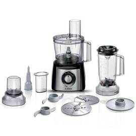 Robot de bucatarie Bosch, 800 W, 2 trepte viteza, functie Pulse, functie Moment, zdrobire gheata, SmartStorage, vas mixare 2.3 litri, blender 1 litru, rasnita, discuri din otel inoxidabil - - Roveli