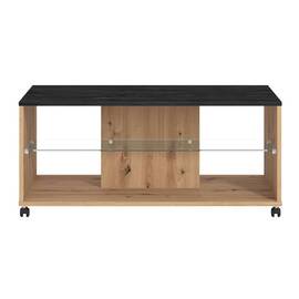 Masuta de living DacEnergy©, material PAL melaminat, polita din sticla transparenta, doua rafturi, dreptunghiulara, stejar artisan si carbune, 101 x 60 x 45 cm, 1C - - Roveli
