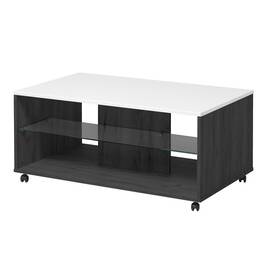 Masuta cafea DacEnergy©, material PAL melaminat, aspect de lemn negru, blat din MDF, folie lucioasa alba, polita din sticla transparenta, forma dreptunghiulara, 101 x 60 x 45 cm, 1C - - Roveli