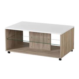 Masuta de living DacEnergy©, material PAL melaminat, MDF infoliat, sticla, doua rafturi, stejar gri si folie lucioasa alba, 101 x 60 x 45 cm, 1C - - Roveli