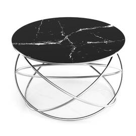 Masuta de cafea DacEnergy©, cadru metalic nichelat, sticla neagra cu aspect marmorat, design unic, atractiv, forma rotunda, fixa, 75 x 45 cm, argintiu - - Roveli