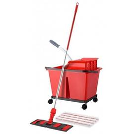 Set de curatenie profesional DacEnergy©, maner din aluminiu, mop plat din microfibra cu lungimea de 40 cm, storcator tip presa, galeata cu 2 compartimente, rosu - - Roveli