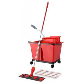 Set de curatenie profesional DacEnergy©, maner din aluminiu, mop plat din microfibra cu lungimea de 40 cm, storcator tip presa, galeata cu 2 compartimente, rosu - - Roveli