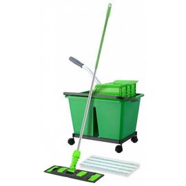 ​Set de curatenie profesional DacEnergy©, maner din aluminiu, mop plat din microfibra cu lungimea de 40 cm, storcator tip presa, galeata cu 2 compartimente, verde - - Roveli
