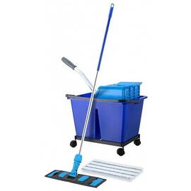​Set de curatenie profesional DacEnergy©, maner din aluminiu, mop plat din microfibra cu lungimea de 40 cm, storcator tip presa, galeata cu 2 compartimente, albastru - - Roveli