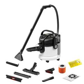 Aspirator Karcher, pentru aspirarea cu spray-extractie, umeda si uscata, filtru tip cartus, filtrare prin apa, cu sac, 4 litri, 220-240 V, 1000 W, 9 accesorii, maner de transport, alb - - Roveli