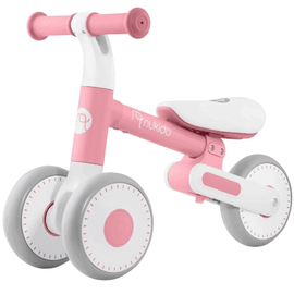 Bicicleta de echilibru, cadru durabil din otel, stabil, scaun moale, din spuma, inaltime reglabila, 25-28 cm, 3 roti din spuma EVA, roz si alb - - Roveli