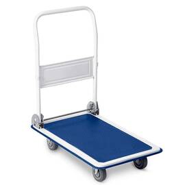 Carucior platforma transport marfa, constructie solida, din otel, capacitate de incarcare pana la 150 kg, 2 roti pivotante, 72 x 83 x 43 cm, alb si albastru - - Roveli