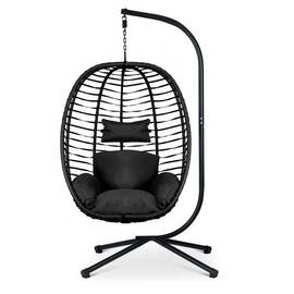 Scaun de gradina suspendat DacEnergy©, cadru din otel, cos tesut manual cu tehnorattan modern, extrem de confortabil, perne moi, 201 cm, negru - - Roveli