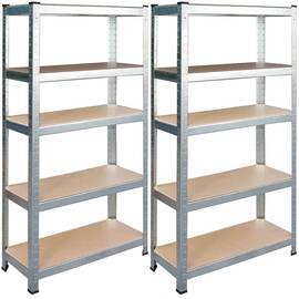 ​Set raft metalic, realizat din MDF si profile zincate, 5 polite, capacitatea 125 kg polita, 625 kg total, 150 x 75 x 30 cm, gri, 2 bucati - - Roveli