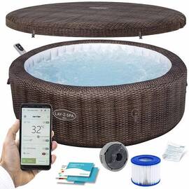 ​Piscina gonflabila, jacuzzi, Lay-Z Bali Brown Bestway, pompa de filtrare incorporata, prelata, 7 persoane, apa incalzita la 40°, sistem inovator AirJet™, panou de control si aplicatie, 1260 l, 216 x 216 x 71 cm - - Roveli