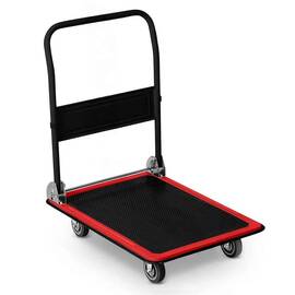 ​Carucior platforma transport marfa, cadru din otel, capacitate de incarcare pana la 300 kg, maner ergonomic pliabil, 90 x 87 x 60 cm, negru si rosu - - Roveli