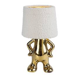 ​Veioza de masa, design jucaus, abajur textil pufos, corp din ceramica, un bec cu soclu E14, 40 W, 280 x 150 mm, auriu si crem - - Roveli