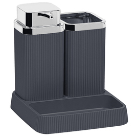 Set accesorii baie, realizat din materiale calitative, ABS si polistiren, dozator sapun, pahar baie, savoniera, finisaj antracit si cromat - - Roveli