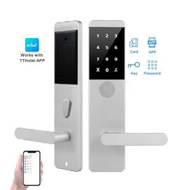 Incuietoare inteligenta DacEnergy©, pentru hotel,apartament, motel, material aluminiu, deblocare Aplicatie TTLock / TTHotel / Card RFID / Cheie, pentru usa din lemn, argintiu - - Roveli