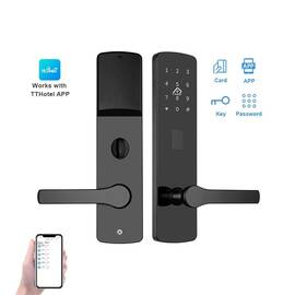 Incuietoare inteligenta DacEnergy©, pentru hotel, apartament, material otel inoxidabil, deblocare Aplicatie TTLock / TTHotel / Card RFID / Cheie, pentru usa din lemn, negru - - Roveli