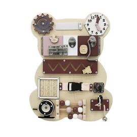 Placa senzoriala busy board DacEnergy©, activitati Montessori, realizata din lemn, forma de urs, 30 x39 x5,5 cm, maro - - Roveli