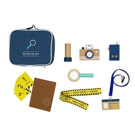 Set trusa de detectiv DacEnergy©, din lemn, pentru copii, 11 piese, aparat foto, lupa, walkie talkie, albastru si maro - - Roveli