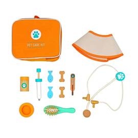 Set doctor veterinar DacEnergy©, din lemn, pentru copii, 12 piese, injectie, termomentru, perie, guler, portocaliu - - Roveli