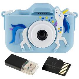 Aparat foto digital pentru copii Unicorn DacEnergy©, ecran de 2 inch, Selfie, rezolutie 1080P, jocuri, card 32 GB si cititor de card, snur de transport, albastru - - Roveli