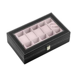 Cutie de ceasuri DacEnergy©, material din piele ecologica, 33 cm x 20,5 cm x 9 cm, 12 compartimente pentru cesuri, elegant, negru si sonom - - Roveli