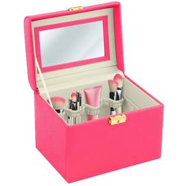 Geanta organizatoare cosmetice DacEnergy©, piele ecologica, rezistent la abraziune, cu cheie, oglinda, compartimente practice, 22,5x 16,5 x 17,2 cm, roz - - Roveli