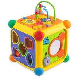 ​Cub educational , din plastic, 6 in1, sprijina invatarea, numarare, forme si culori, blocuri de sortare, panou muzical cu un pian si patru instrumente. - - Roveli