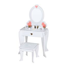 Set de toaleta pentru copii cu masuta si scaun DacEnergy©, fabricat din MDF si lemn, cu sertare, cu oglinda, accesorii incluse, 49 x34 x97 cm, alb - - Roveli