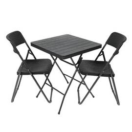 Set mobilier gradina DacEnergy©, din polipropilena,o masa si 2 scaune, pliabile, rezistenta la apa si raze UV, model impletitura ratan, 60 x 60 x 73 cm, negru - - Roveli