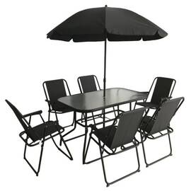 Set masa dreptunghiulara pentru gradina DacEnergy©, din metal cu material sintetic si sticla, 6 scaune, pliante, umbrela, 120 x 75 x 70 cm, gri - - Roveli
