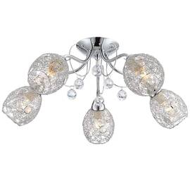 Lustra Globo,structura metalica, 5 brate cu abajururi din grilaj cromat, dulie E14, 40W, 540 x 220 mm, decorate cu sticla cu efect de cristal - - Roveli