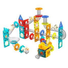 Set de construit cu piese magnetice , stimuleaza creativitatea si imaginatia, exerseaza coordonarea mana-ochi, cu figurine dinozauri si oameni, un tobogan, 153 de elemente - - Roveli