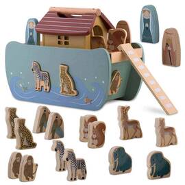 ​Jucarie interactiva bebe , arca lui Noe, 7 tipuri de animale si doua figuri umane, Montessori, stimulare senzoriala, 17,5 x 13,5 x 20 cm - - Roveli
