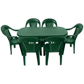 Set mobilier gradina DacEnergy©, fabricat din polipropilena, masa ovala si sase scaune, rezistent la umiditate si UV, 140 x 70 x 70 cm, verde - - Roveli