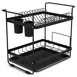 Uscator de vase DacEnergy©, doua niveluri, cu tava de uscare, solid si elegant, scurgeri de tacamuri, 44 x 31 x 39 cm, negru - - Roveli