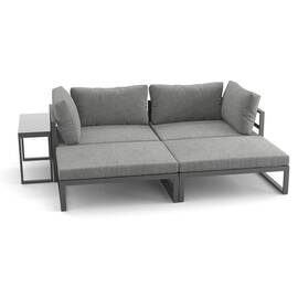​Set de gradina DacEnergy©, fabricat din otel, 2 fotolii, 2 scaune si o masuta de cafea cu blat de sticla, cu perne, design modular, antracit si gri - - Roveli